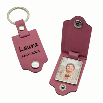 Foto PU Leder Schlüsselanhänger klappbar personalisiert individuell mit Wunschfoto Geschenkidee Rosa