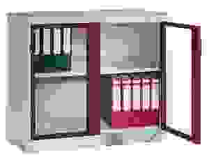 CP Stahlschrank 8821-055/1050-80 lichtgrau, rubinrot, Acrylglas 93,0 x 50,0 x 100,0 cm, aufgebaut