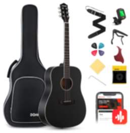 Donner Akustikgitarre Set 41 Zoll Dreadnought Gitarre Anfänger mit Gigbag Capo Plektren Gurt Saiten (Schwarz, DAG-1B)