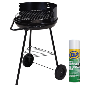 Fertig! Holzkohlegrill rund - Halb offen - Mobil mit ZEP BBQ cleaner - 41,5x70x41,5cm - Schwarz - 500 ml