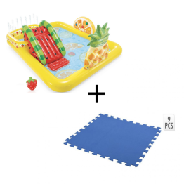 Intex Aufblasbarer Kinderpool - mit Rutsche - Obst - 244 x 191 x 91 cm + + INCL. Free And Easy Schwimmbadfliesen Schaumstoff Blau 9 Stück