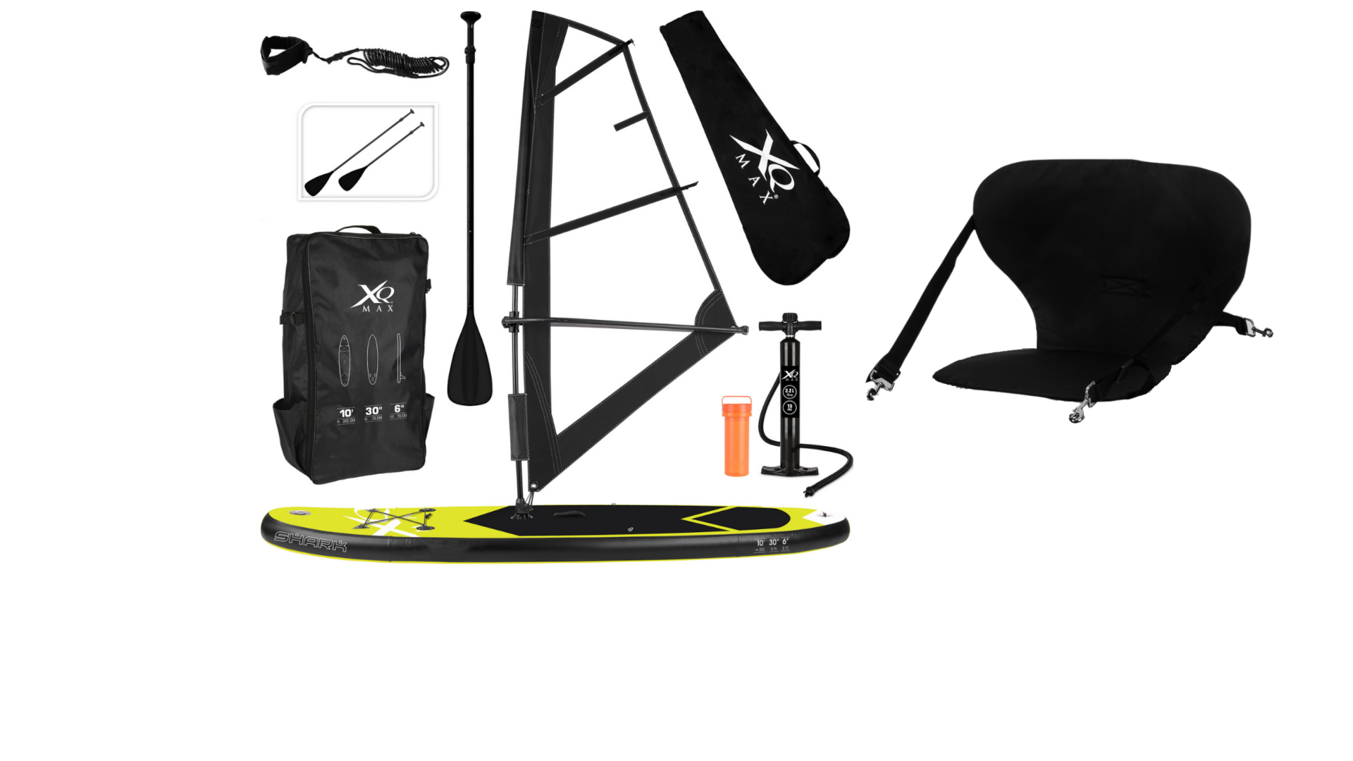 XQ Max Special Edition Windsurf/Sup Board Set MIT Tragetasche und FREE SUP Chair - 13-teilig - Gelb/Schwarz - bis zu 150 kg - 305 cm - Aufblasbar - Segel 2m²