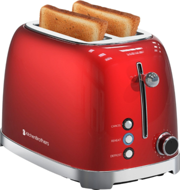 KitchenBrothers Retro-Toaster - 6 Heizstufen - 2 extra breite Schlitze - 1630W - Aufwärm- und Auftaufunktion - Rot